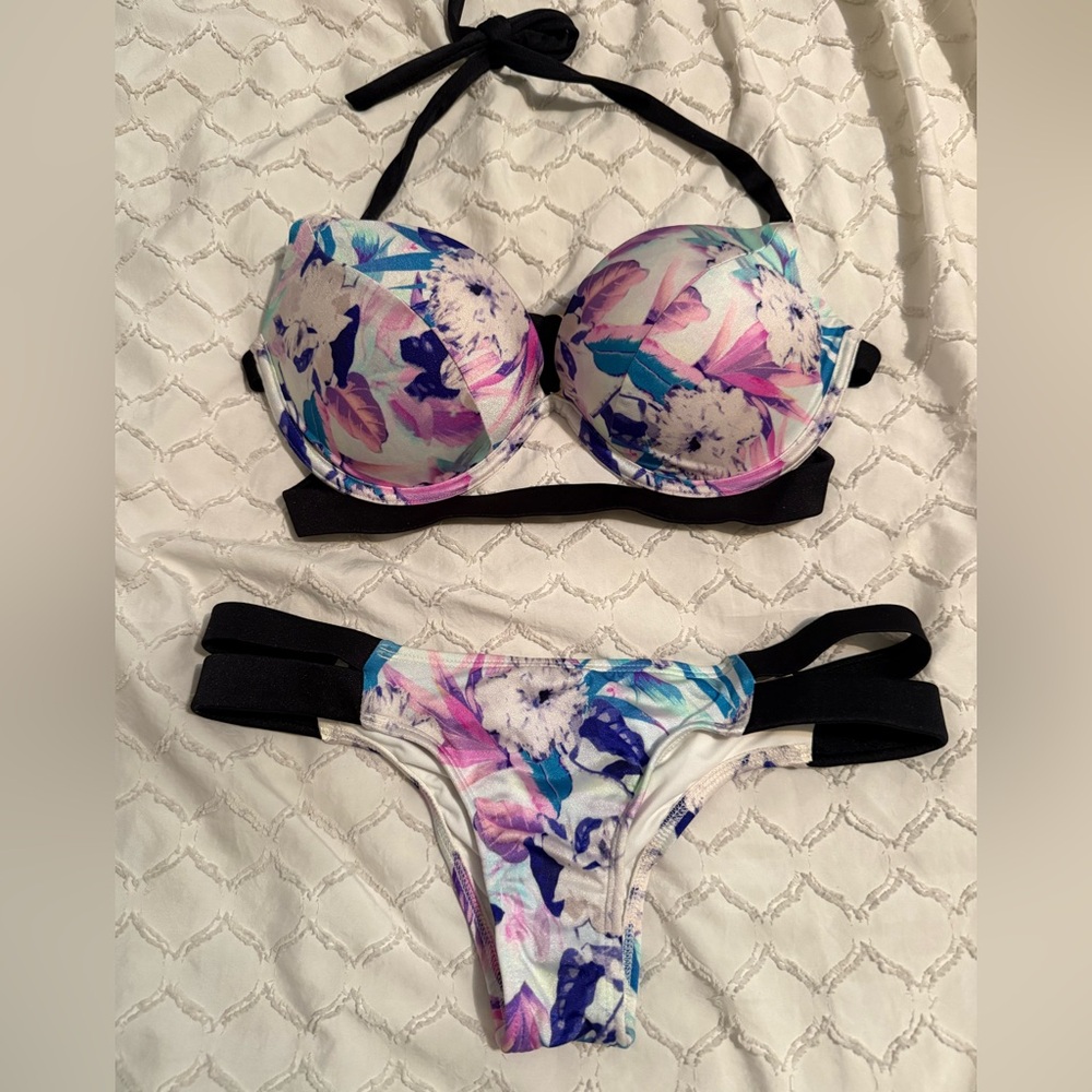 Victoria’s Secret Women’s Floral Print bombshell Bikini Set in Purple & Blue